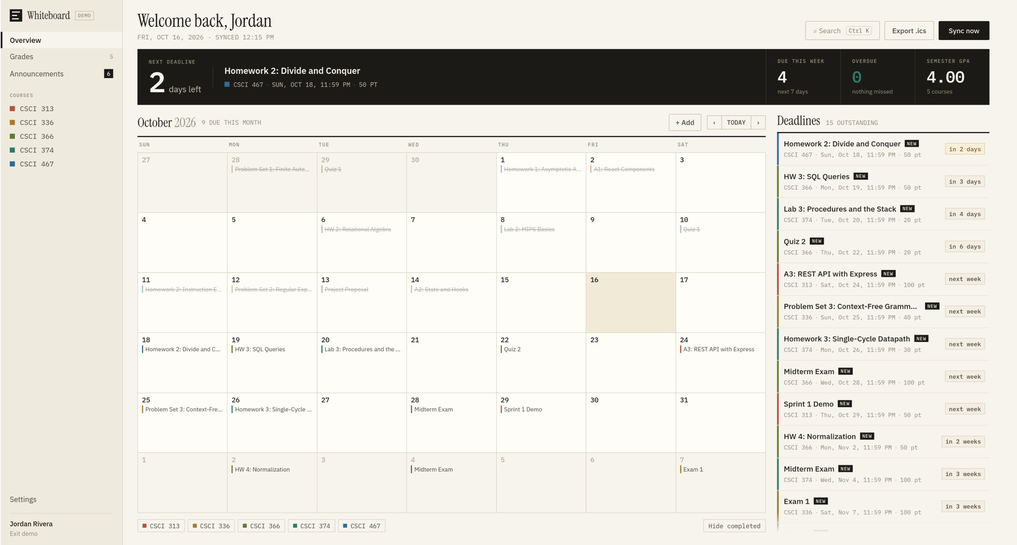 Whiteboard demo: a month calendar beside a list of upcoming deadlines for five courses